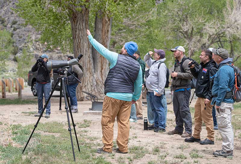 A photograph of an on-site naturalist training (birding) in the Medicine Bow mountains. 